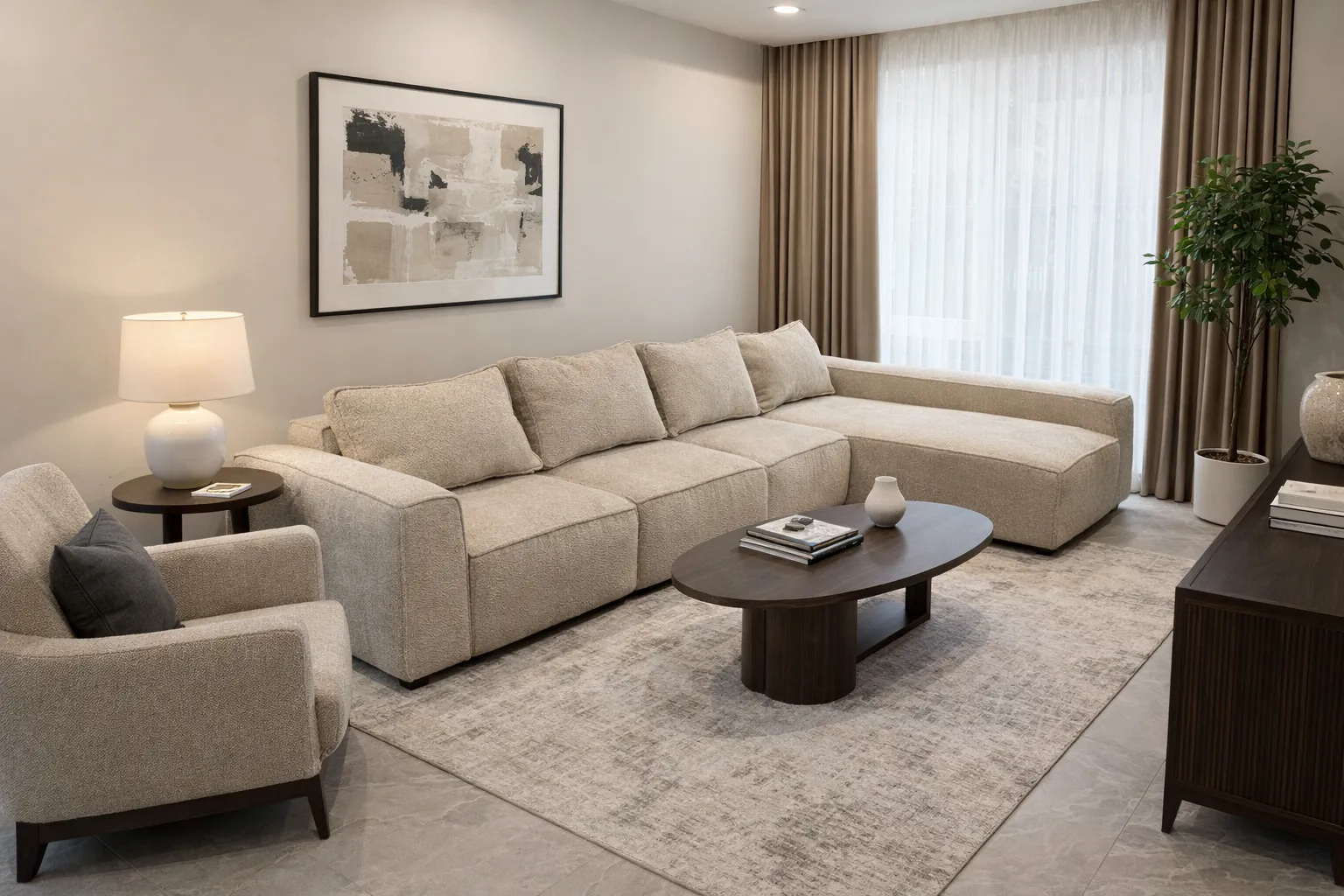 RinadorLux colțar modular Infinity în living modern, nuanță bej, design minimalist