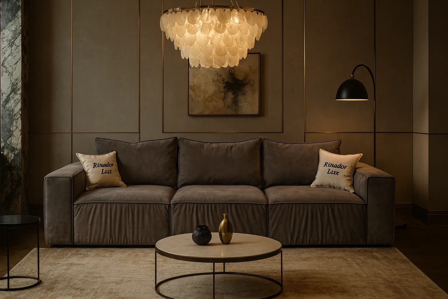 Canapeaua Infinity în living modern, nuanță neutră închisă